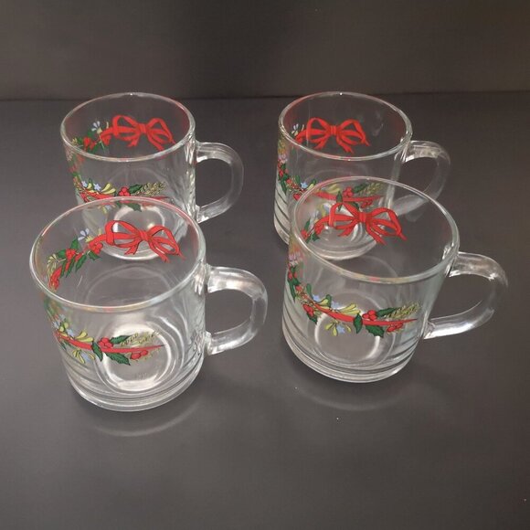 Vintage KIG Indonesia Set of 4 Christmas Mugs w/ Holly Berries & a Red Bow 3.5" - Picture 1 of 5